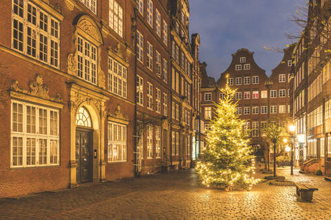 Germany, Hamburg, Christmas tree glowing in middle of Peterstrasse at dusk stock photo