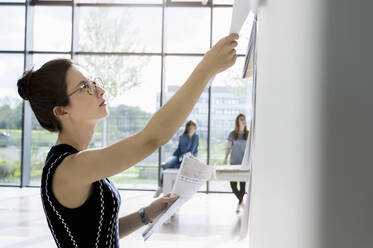 Portrait of young businesswoman with dark brown hair wearing glasses, hanging documents on white board. - ISF23944