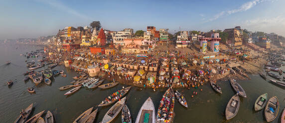 Panoramic aerial view of boats on the Ganges river, Varanasi, India - AAEF06429
