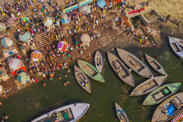 Aerial view of boats on the Ganges river, Varanasi, India - AAEF06430