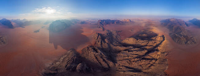Panoramic aerial view of Siq Um Al Tawaqi, Wadi Rum Desert, Jordan - AAEF06481