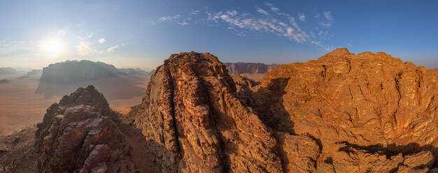 Panoramic aerial view of Siq Um Al Tawaqi, Wadi Rum Desert, Jordan - AAEF06482