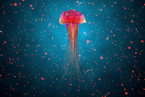 Dreidimensionales Rendering von rot leuchtenden Quallen, die unter Wasser schwimmen - SPCF00527