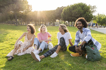Eine Gruppe von Freunden entspannt sich auf einer Wiese im Park - AFVF05473