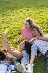 Glückliche Freunde machen ein Selfie auf einer Wiese - AFVF05474