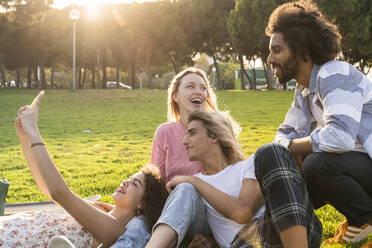 Glückliche Freunde machen ein Selfie auf einer Wiese - AFVF05475