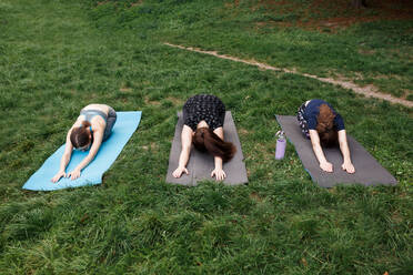 Die entspannten Mädchen machen Yoga im Park auf dem Teppich - CAVF76001