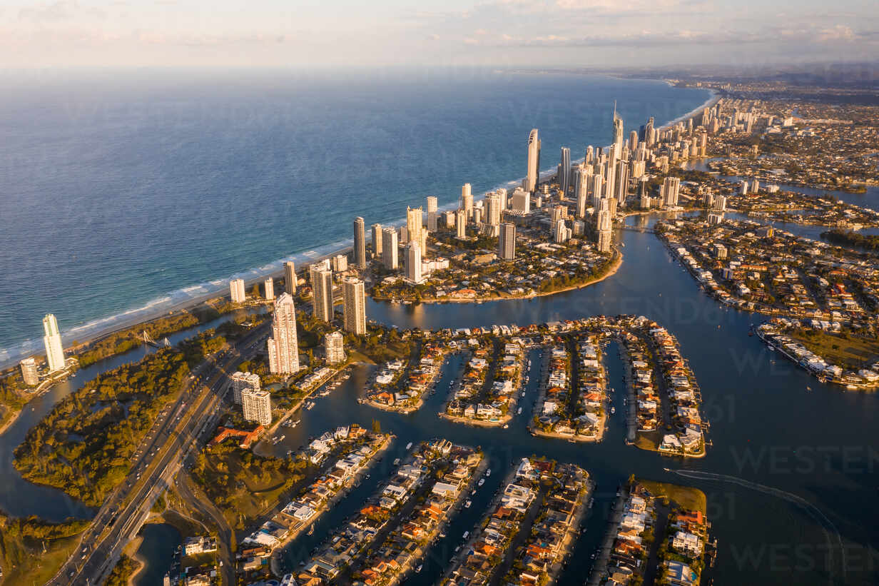 Aerial view of the city with a river, Gold Coast, Queensland, Australia ...