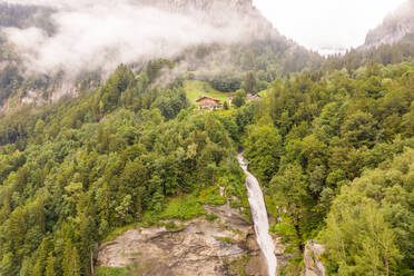 Aerial view of Reichenbach Falls during a foggy day, Switzerland. - AAEF06765