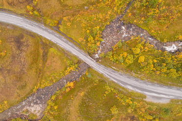 Luftaufnahme einer von grünen Feldern umgebenen Straße Nordfjordbotn, Norwegen - AAEF06808