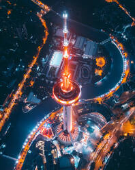 Aerial view of a tower at night, Jinjiang District, Chengdu, Sichuan, China - AAEF06900