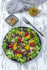 Bunter gemischter Salatteller mit Fetakäse, Roten Rüben, Walnüssen, Pinienkernen, Himbeeren, Orangen und Feldsalat - SARF04472