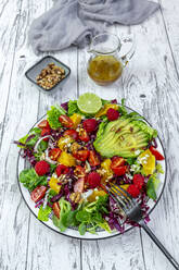 Plate of colorful mixed salad with feta cheese, common beet, walnuts, pine nuts, raspberries, oranges and corn salad - SARF04473