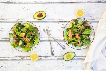 Zwei Teller verzehrfertiger grüner Salat mit Rucola, Lollo Rosso-Salat, Babyspinat, Rote-Bete-Blättern, Avocado, Feldsalat und Lachs - LVF08640