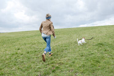 Back view of mature woman playing with her dog on a meadow - VYF00018