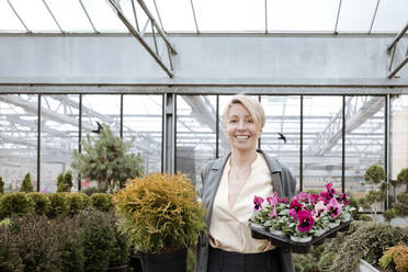 Lächelnde Frau mit Stiefmütterchen im Blumenladen - VYF00026