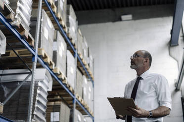 Man with clipboard in factory warehouse - KNSF07929