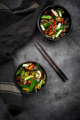 Zwei Schalen verzehrfertige Miso-Suppe mit Udon-Nudeln, Tofu, Zuckerschoten, Paprika, Karotten, Mu-err-Pilzen, Frühlingszwiebeln und Koriander - LVF08661