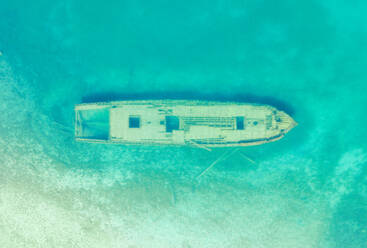 Aerial view of a sink boat in The Great Lakes, Tobermory, Ontario, Canada. - AAEF07009