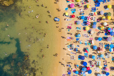 Aerial view above of people enjoying the summer at Praia do Camilo, Portugal. - AAEF07029