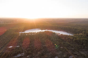 Luftaufnahme einer von Bäumen umgebenen Lagune, Kuhjavere, Bezirk Viljandi, Estland - AAEF07072