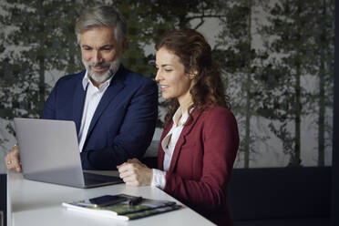 Geschäftsmann und Geschäftsfrau arbeiten zusammen an einem Laptop im Büro - RBF07092