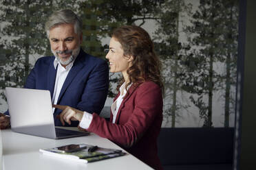 Geschäftsmann und Geschäftsfrau arbeiten zusammen an einem Laptop im Büro - RBF07093