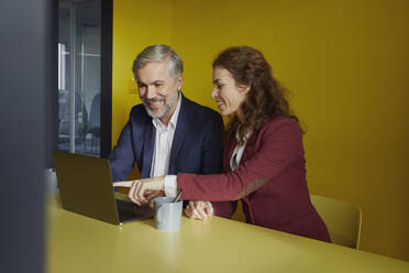 Smiling businessman and businesswoman working together on laptop in office cubicle - RBF07099