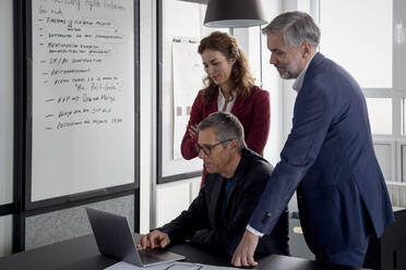 Two businessmen and businesswoman working together on a project in office - RBF07128