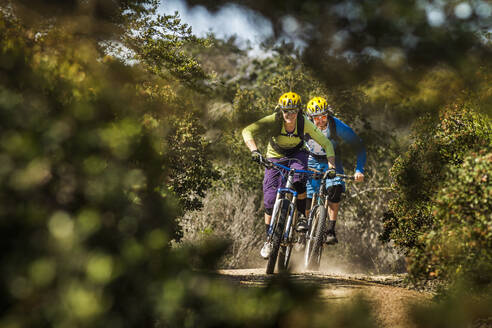 Mann und Frau auf Mountainbikes fahren auf einem staubigen Weg, Fort Ord National Monument Park, Monterey, Kalifornien, USA - MSUF00214