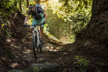 Frau fährt Mountainbike auf Waldweg, Santa Cruz, Kalifornien, USA - MSUF00225