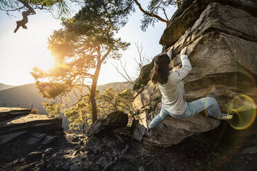 Female climber bouldering on sandstone boulder, Neustadt an der Weinstrasse, Rhineland-Palatinate, Germany - MSUF00248