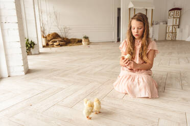 Mädchen spielt mit Enten zu Ostern - CAVF76581