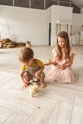 Kinder spielen mit Enten zu Ostern - CAVF76583
