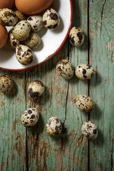 Quail and chicken eggs on a wooden table. - CAVF76834