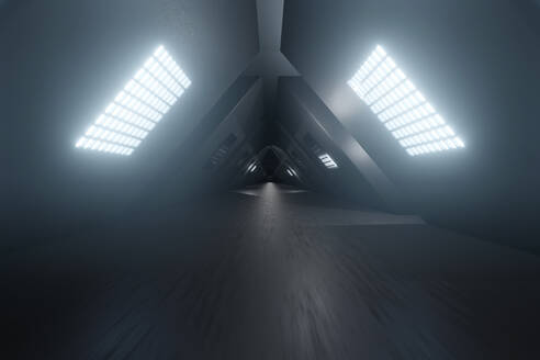 Dreidimensionales Rendering eines futuristischen Korridors mit schrägen Wänden - SPCF00542