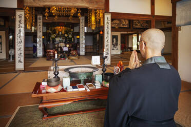 Buddhistischer Priester kniend in einem buddhistischen Tempel, betend. - MINF14122