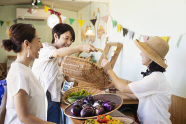 Japanische Frauen kaufen frisches Gemüse in einem Hofladen ein. - MINF14190