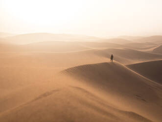 Rear View Of Man Standing On Sand Dune Against Clear Sky - EYF00500