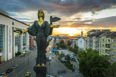 St. Sofia statue taken by drone, Sofia, Bulgaria, Europe - RHPLF13925