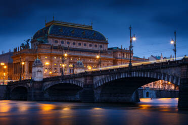 Evening view of the Legions Bridge and National Theatre in Prague. - CAVF77042