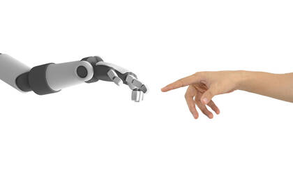 Cropped Hand Gesturing in Richtung Roboter gegen weißen Hintergrund - EYF00732