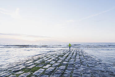 Rückansicht in voller Länge eines älteren Mannes im Ruhestand mit Rucksack, der bei Sonnenuntergang am Strand spazieren geht, Nordseeküste, Flandern, Belgien - GWF06550