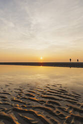 Entfernte Ansicht von Silhouette Menschen zu Fuß am Strand gegen den Himmel bei Sonnenuntergang, Nordseeküste, Flandern, Belgien - GWF06551