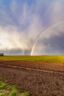 UK, Schottland, Doppelter Regenbogen über landwirtschaftlichem Feld - SMAF01852