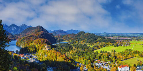 Germany, Bavaria, Hohenschwangau, Panorama of alpine forest surrounding Hohenschwangau Castle in autumn - WGF01319