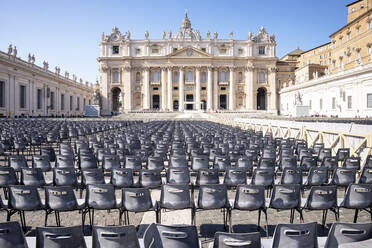 Italy, Rome, Rows of empty chairs in front of Saint Peters Basilica - HLF01220