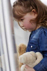 Profile of serious toddler girl with teddy bears - AUF00157