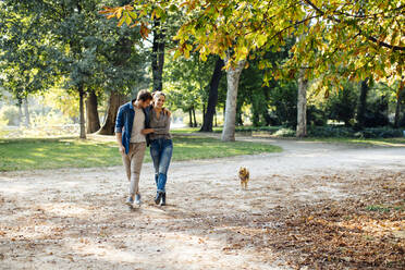 Glückliches junges Paar mit Hund in einem Park - SODF00710