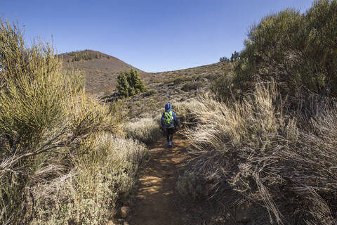 Rückansicht eines Jungen beim Trekking in der Gegend von Arenas Negras, Teide-Nationalpark, Teneriffa, lizenzfreies Stockfoto